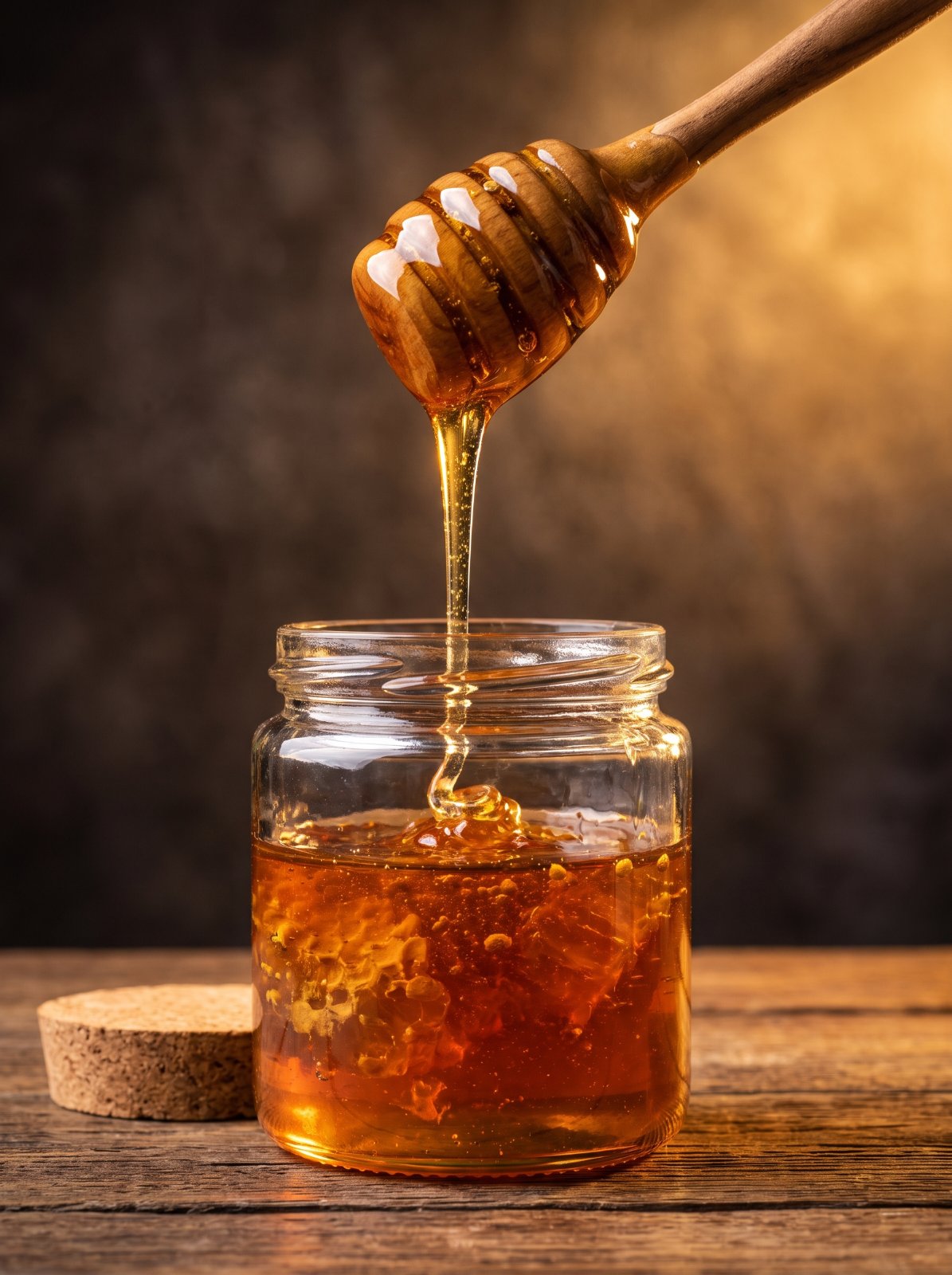 Raw honey drizzling into a jar