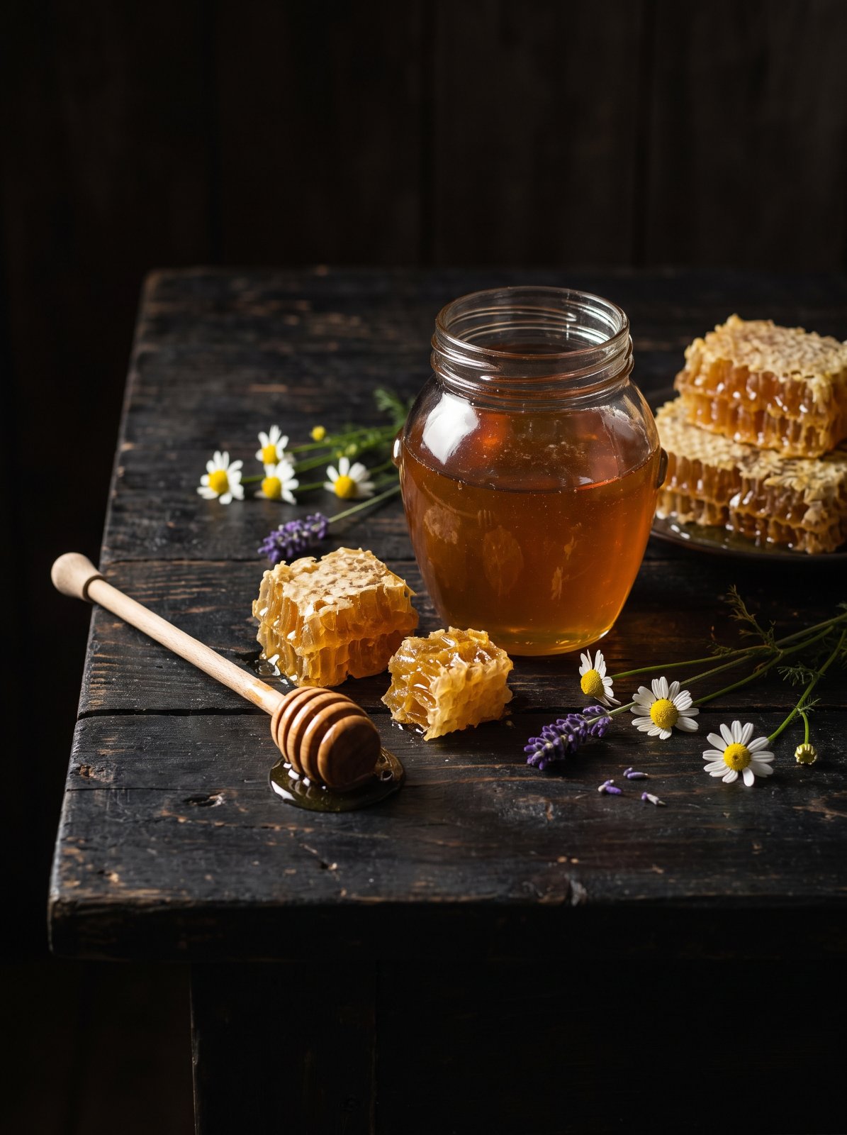 Honey jar with honeycomb and wildflowers