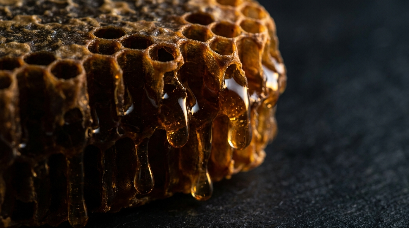 Golden honeycomb dripping with raw amber honey