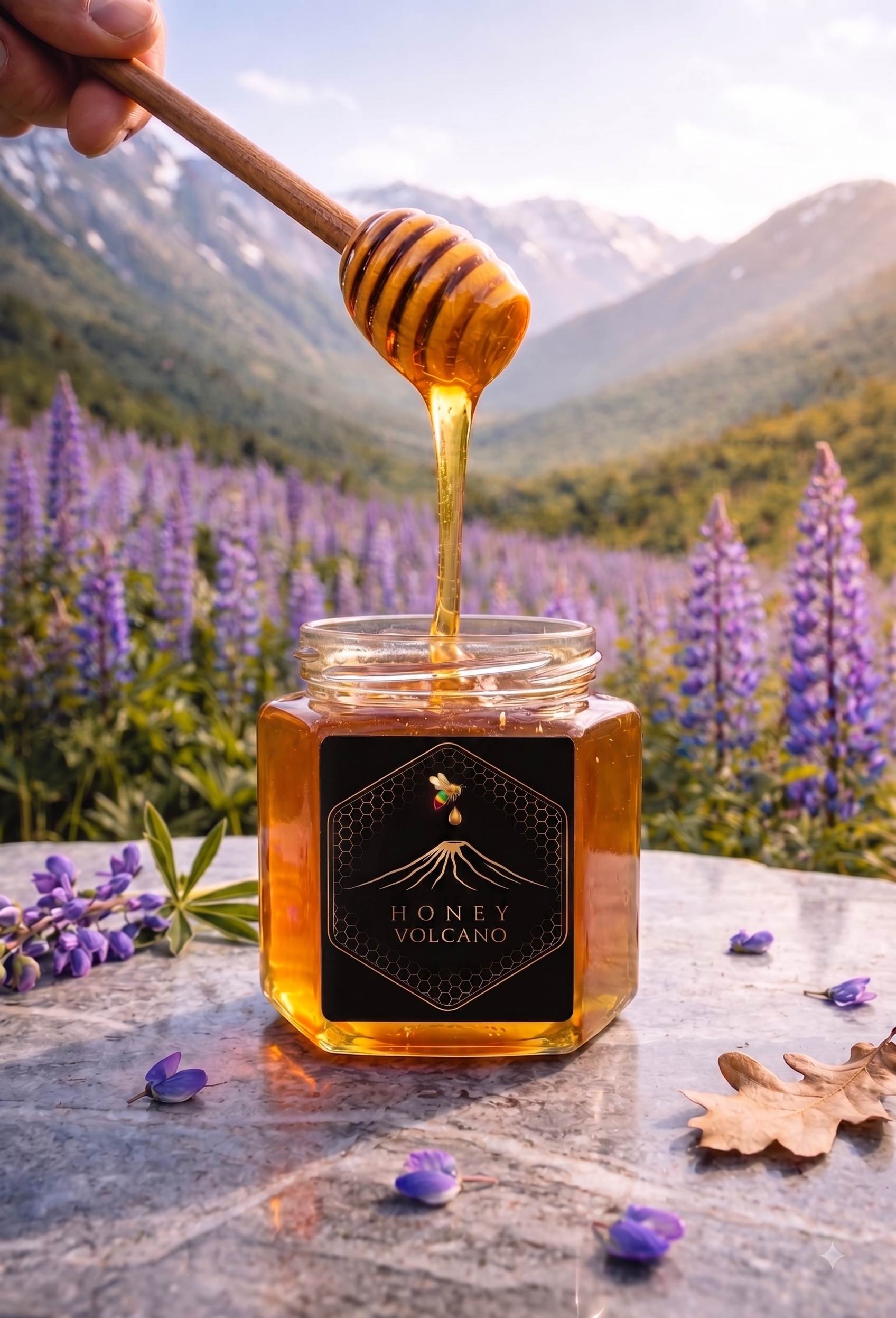 Raw forest honey poured against snow-capped mountains and wild lupine fields