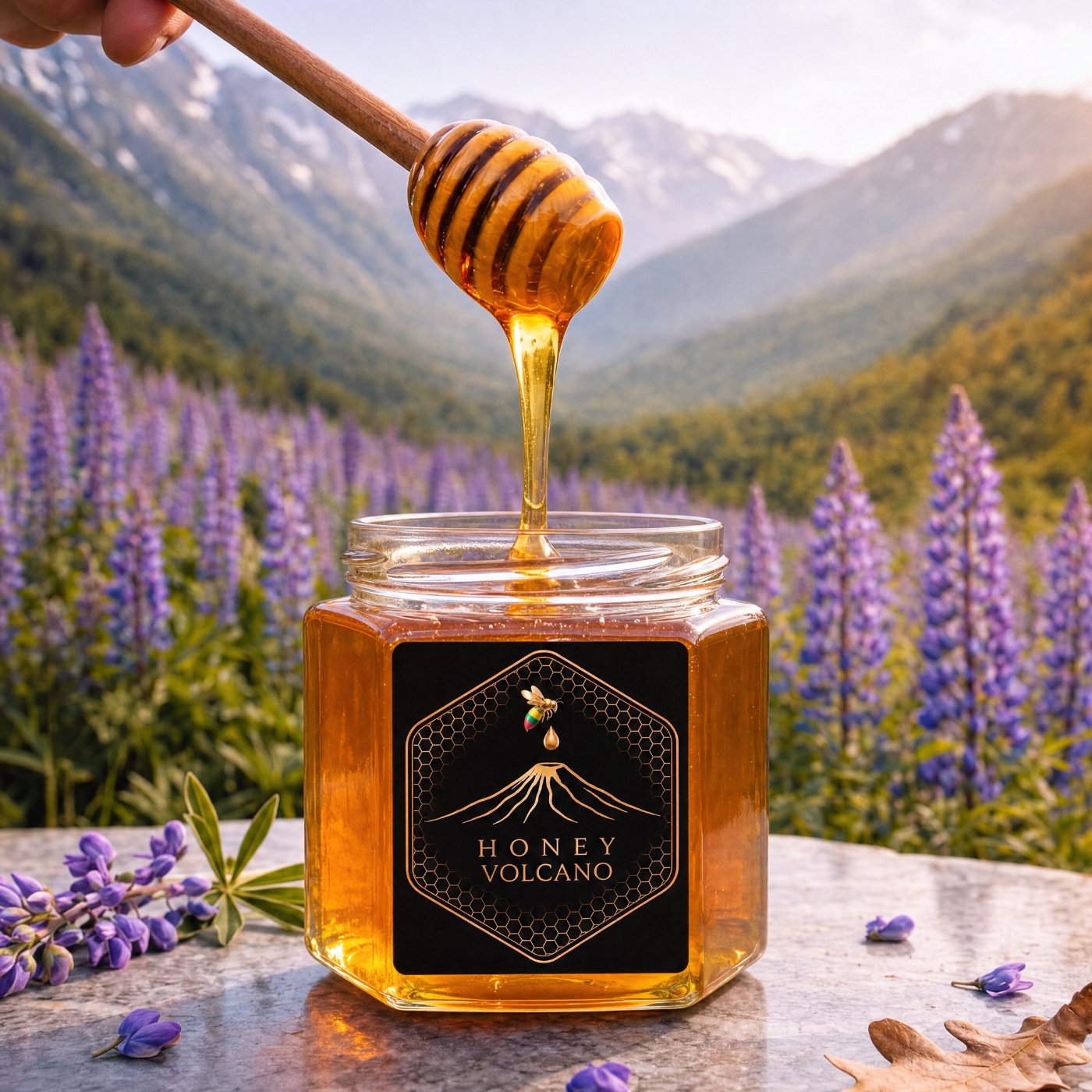 A jar of Honey Volcano raw honey among wild lupine and mountains